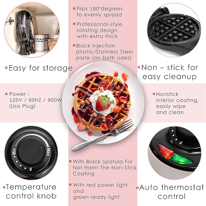 Moss & Stone Belgian Waffle Maker, Electric Flip Waffle Machine with Adjustable Temperature Control, Non-Stick Grids for Smooth Release, Compact 8-Inch Round Waffle Maker, Black