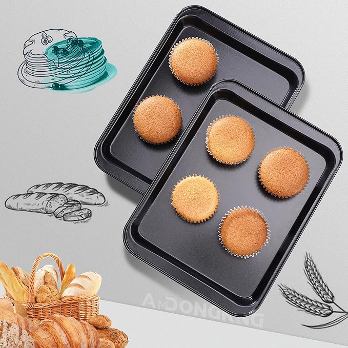 Small Cookie Sheets, Baking Pans, Nonstick Carbon Steel Baking Sheets, 2-Pack, 9.5 X 7.1 Inches (Inner 7.5 X 6)