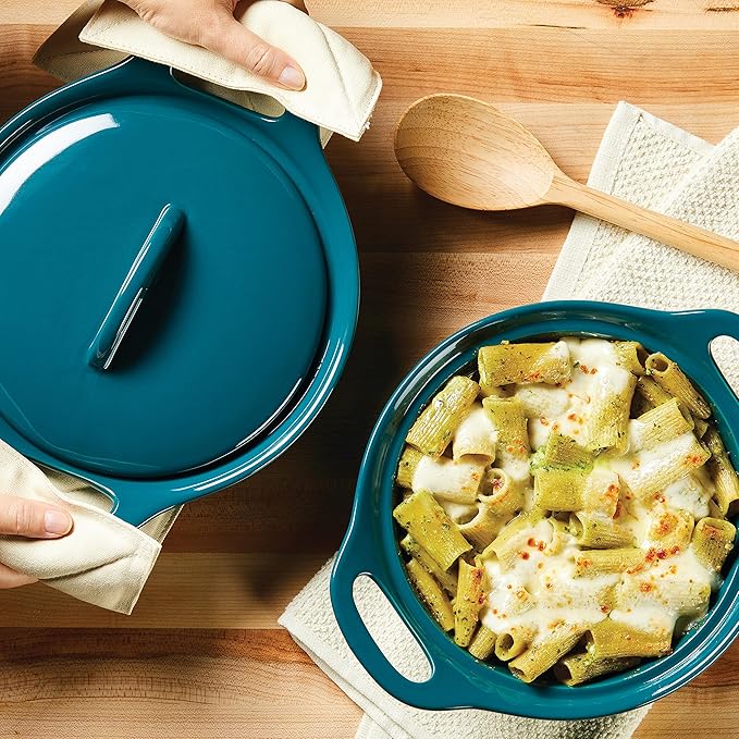 Rachael Ray Solid Glaze Ceramics Casserole Bakeware/Baker Set with Shared Lid, 3 Piece, Teal