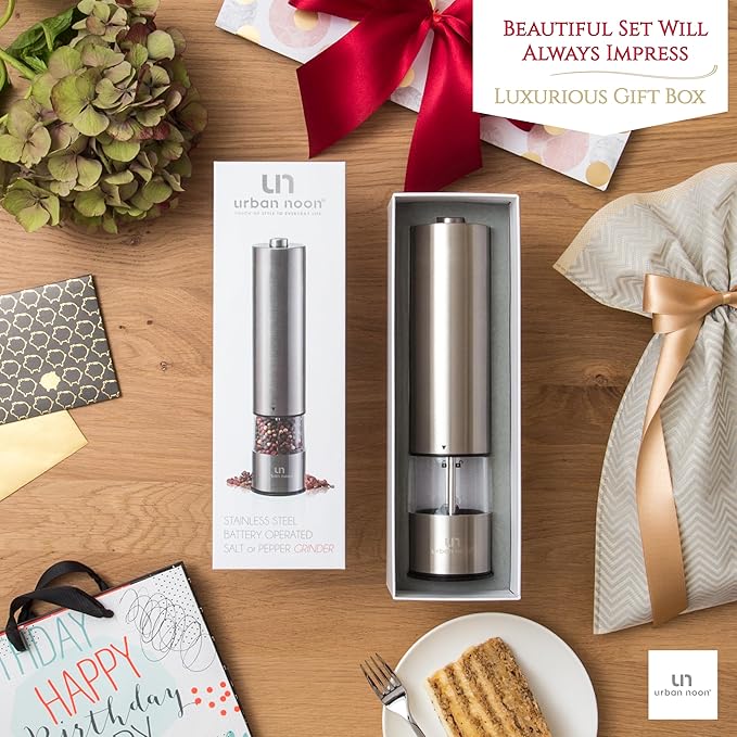 Electric Salt and Pepper Grinder - Single Battery Operated Stainless Steel Salt or Pepper Mill with Light - Automatic One Handed Operation with Adjustable Ceramic Grinder