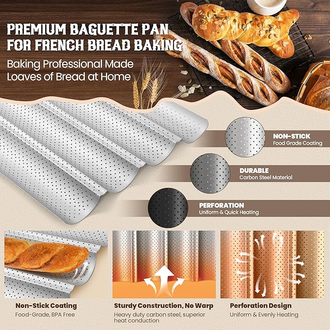 Pavsrmy Baguette Bread Pan, Premium Nonstick Perforated Baguette Pan for French Bread Baking, 4 Loaves Baguette Baking Tray for Sourdough, Italian Bread, Perfect for Creating Crisp Golden-Brown Crust