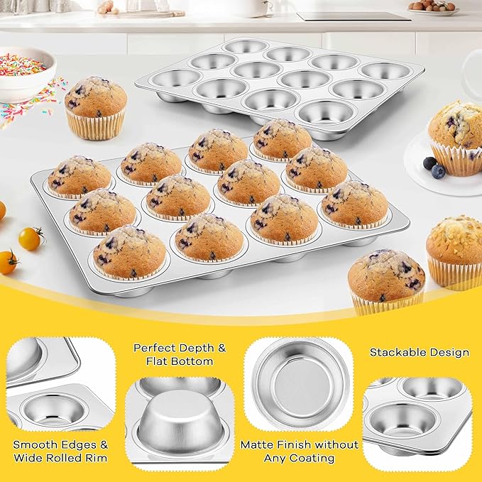 Homikit 2 Pack Muffin Pan, Stainless Steel Cupcake Tin with 12 Cups Regular Size, 13.8" x 10.4" Nonstick Metal Egg Bites Tray for Oven Baking, Non Toxic & Rust Free, Easy Release & Dishwasher Safe
