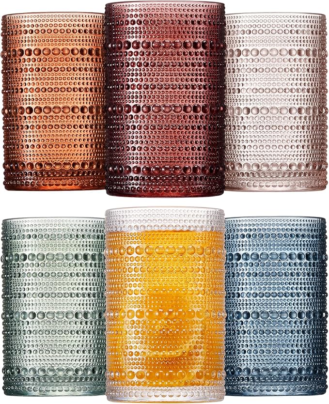 Mfacoy Colored Hobnail Drinking Glasses Set of 6, 12oz Vintage Kitchen Glassware, Embossed Beaded Glass Cups, Water Glasses, Beaded Colorful Water Tumbler for Cocktail, Juice and Various Mixed Drinks