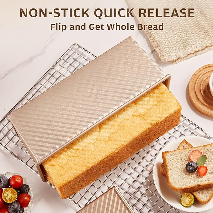 KITESSENSU Pullman Loaf Pan with Lid, 2Lb Dough Capacity Non-Stick Bakeware for Baking Bread, Sandwich & Toast Oven Baking, Gold