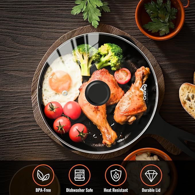 Tempered Glass Lids for Pots and Pans, Cast Iron Skillet Lid 10.5 Inch, Round Frying Pan Lid, Replacement Pan Cover, Crock Pot Lid with Stainless Steel Rim, Dishwasher Safe, Cookware Pot Covers