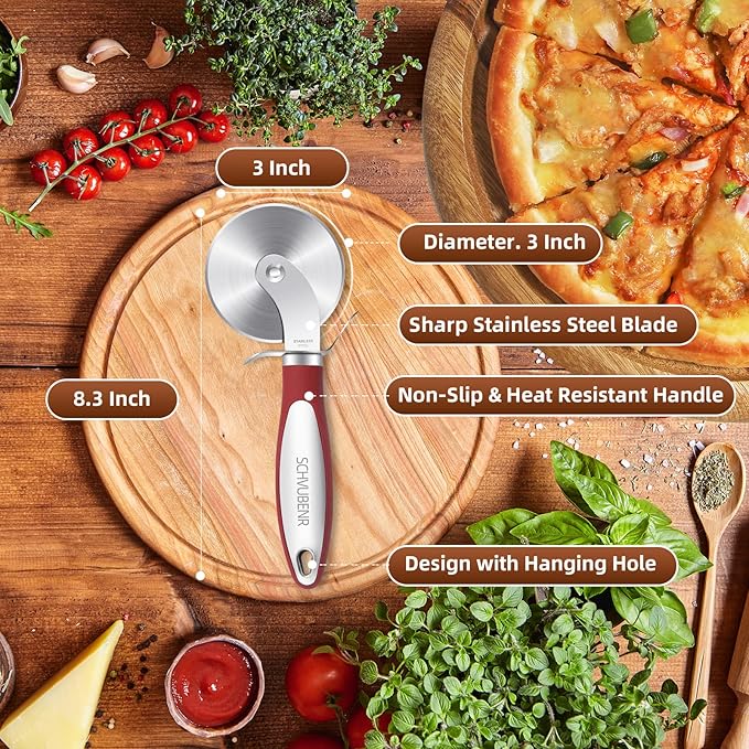 SCHVUBENR Premium Pizza Cutter Wheel - Ultra Sharp Stainless Steel Pizza Slicer with Non-Slip Soft Grip Handle - Multi-Purpose Cutter for Pizza, Dough & Pastry - Dishwasher Safe, Easy to Clean - Red