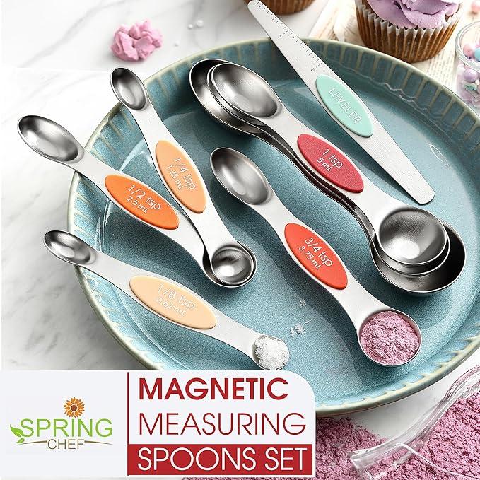 Spring Chef Stainless Steel Metal Magnetic Measuring Spoons Set of 8 with Leveler, Heavy Duty Nesting Teaspoon & Tablespoon Measuring Spoons, Kitchen Gadgets for Baking & Cooking - Desert Sunset
