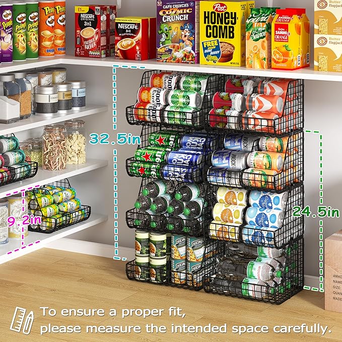 Stackable Soda Can Organizer Stores Up to 72 Cans, 4-Pack Can Storage Organizer for Pantry Shelves, 4-Tier Kitchen Can Holders with 4 Adjustable Dividers, Wire Drink Organizer for Pantry Cabinet Shelf