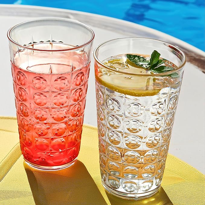 Kate Aspen Clear Plastic Drinking Glasses Set of 8, 19 oz, Hobnail Bubble Acrylic Glasses Drinkware, Plastic Tumblers Cups Dishwasher Safe, BPA-Free Acrylic Cups Reusable for Cocktails and Kitchens
