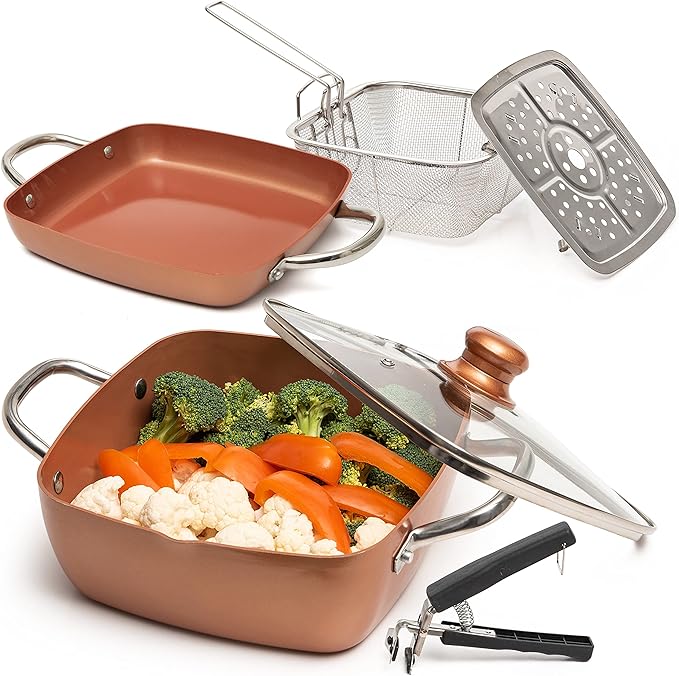 Moss & Stone 6 Pcs Copper Chef Cookware Non Stick Deep Frying Pan 9.5" x 3.5", Fry Basket, Steamer Rack, Dishwasher & Oven Safe, 5 Qt Deep Square Pot & Non Stick Pan, Induction Copper Cookware Set