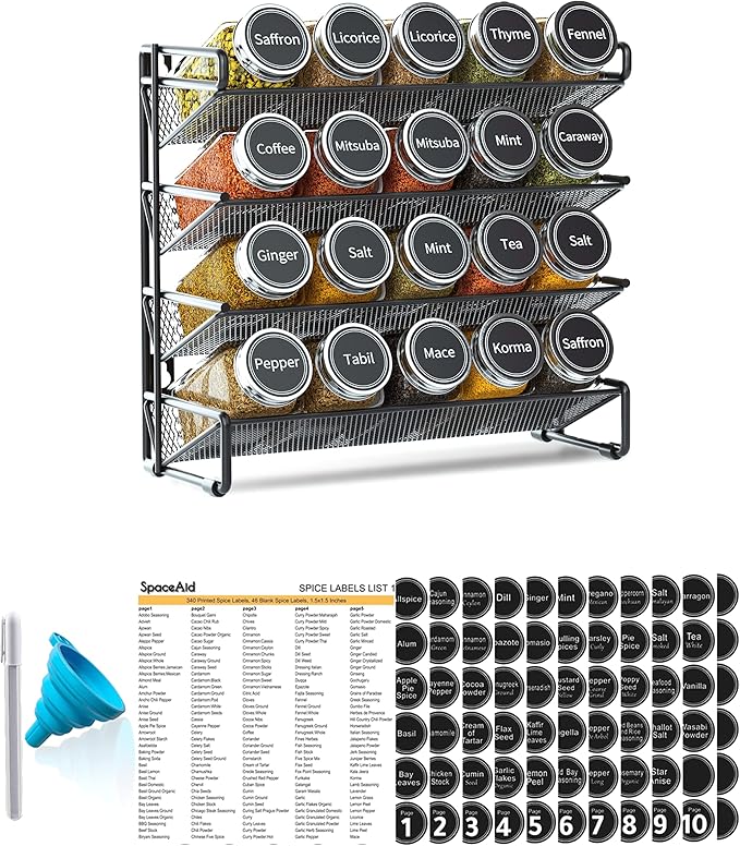 SpaceAid Spice Rack Organizer with 20 Spice Jars, 386 Spice Labels, Chalk Marker and Funnel Set for Cabinet, Countertop, Pantry, Cupboard or Door & Wall Mount - 20 Jars, 9.8" W × 10.8“H, Black