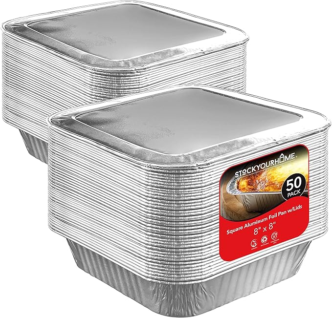 Stock Your Home 8” Square Foil Pans with Lids (50 Pack) - Foil Cake Pans with Covers - Aluminum Baking Pans - Disposable Cake Pans - 8 Inch Square Pans - Disposable & Recyclable Pans with Lids