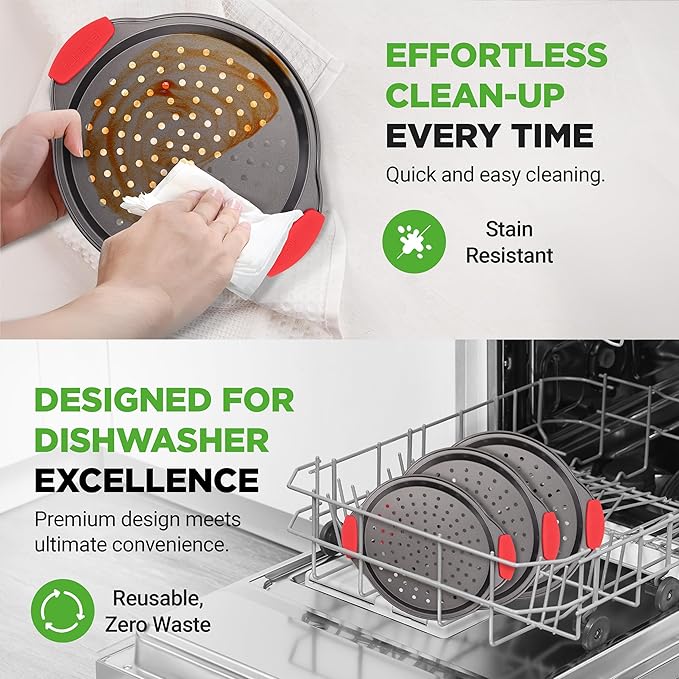 NutriChef 3-Piece Pizza Tray Set with Silicone Handles - Round Nonstick Pizza Pan with Perforated Holes, Durable Carbon Steel, Small, Medium, Large Sizes - Ideal for Crispy, Evenly Baked Pizzas (Gray)