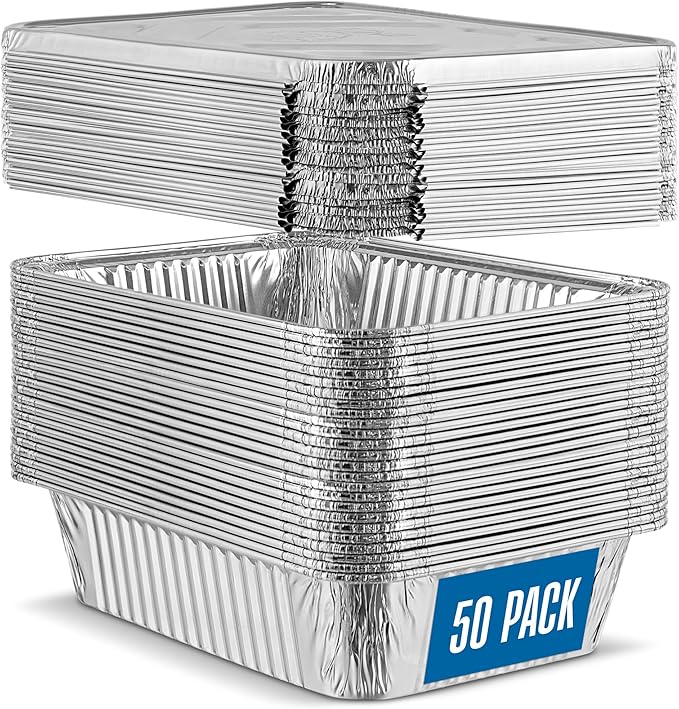 PLASTICPRO 50 Pack Aluminum Pans 6.5'' X 9" Disposable Pans with Covers Heavy Duty 2.25 lb Foil Pans for Baking and Cooking