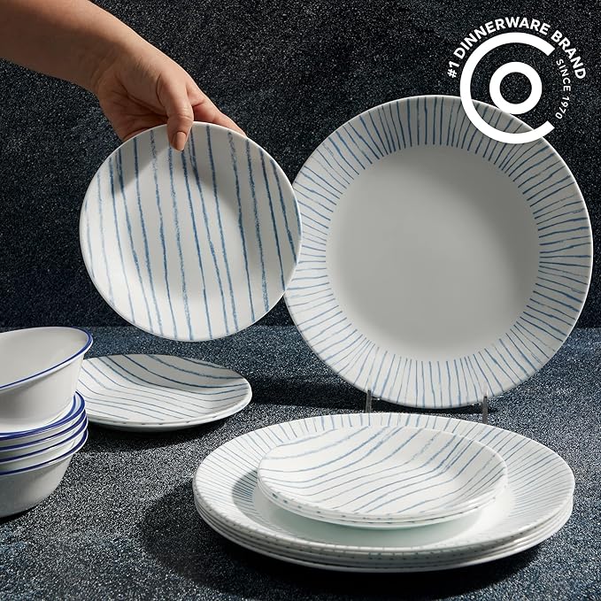 Corelle 18-Piece Dinnerware Set Service for 6, Lightweight Round Plates and Bowls Set, Vitrelle Triple Layer Glass, Chip Resistant, Microwave and Dishwasher Safe, Nautical Stripes