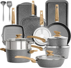 DishDelight 17 Piece Pots and Pans Set Non Stick, Granite Nonstick Cookware Set, Induction Cookware and Bakeware Set, Nonstick Kitchen Cookware Set, Gray