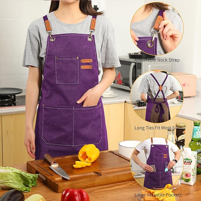 Tosewever Canvas Cross Back Chef Cotton Aprons for Men Women with Large Pockets