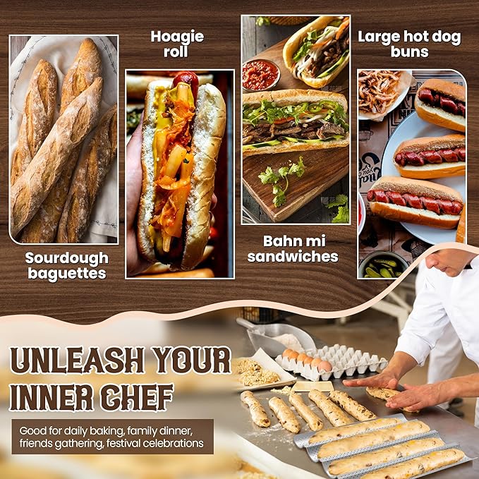 Pavsrmy Baguette Bread Pan, Premium Nonstick Perforated Baguette Pan for French Bread Baking, 4 Loaves Baguette Baking Tray for Sourdough, Italian Bread, Perfect for Creating Crisp Golden-Brown Crust