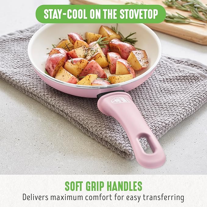 GreenLife Non Stick Fry Pan Set (7" & 10"), Non-Toxic PFAS-Free Ceramic Skillets, Dishwasher & Oven Safe, Egg Omelet Frying Pans, Stay- Cool Handles, Kitchen Home Cooking Essentials, Pink
