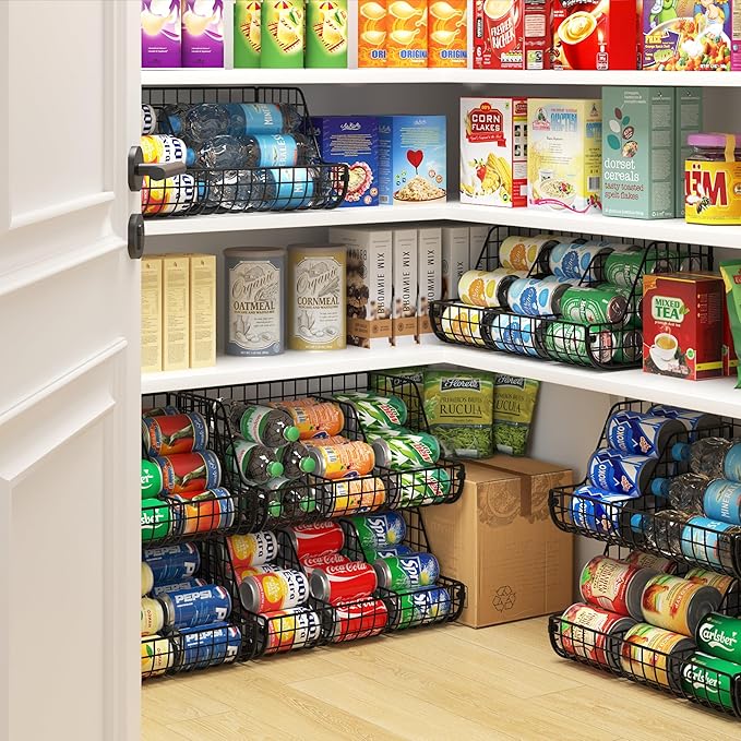 2-Tier Stackable Can Organizer for Pantry Shelves, 2 Pack Soda Can Organizer with 4 Adjustable Dividers, Kitchen Can Storage Organizer, Wire Drink Organizer, Metal Can Dispenser for Cabinets Shelf