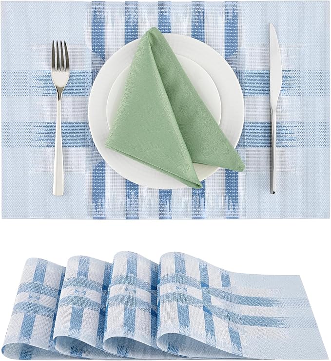 Leetaltree Geometric Print Blue Placemats Set of 4 - Heat Resistant Non-Slip Place mats for Dining Table, Washable Durable PVC Vinyl Woven Table Mats (Geometric Blue, 4)