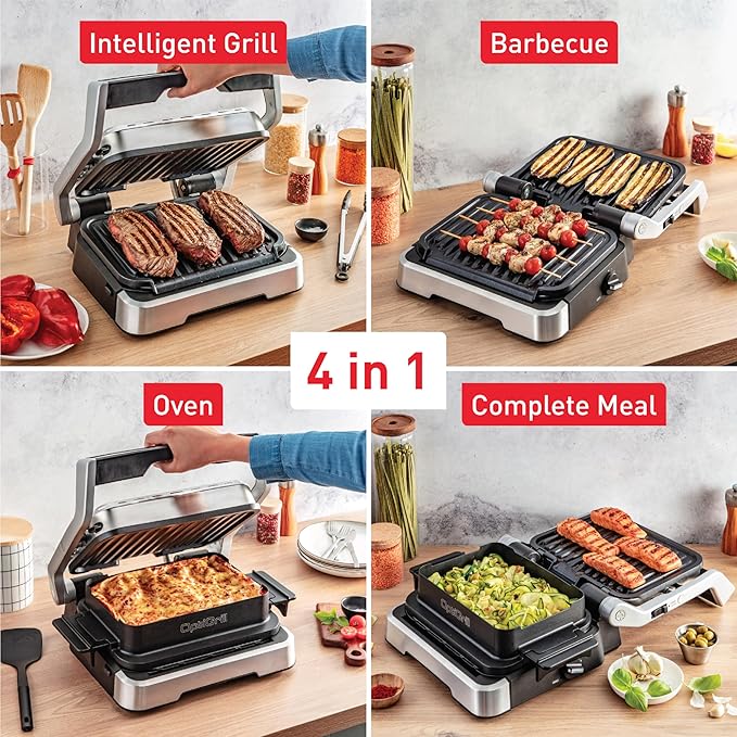 T-fal, Electric Grill, OptiGrill 4in1, Stainless Steel, 9 Automatic Cooking Modes, Intelligent Grilling Rare to Well-Done, 1800 Watts, Nonstick Removable Plates, Dishwasher Safe, Indoor, Silver