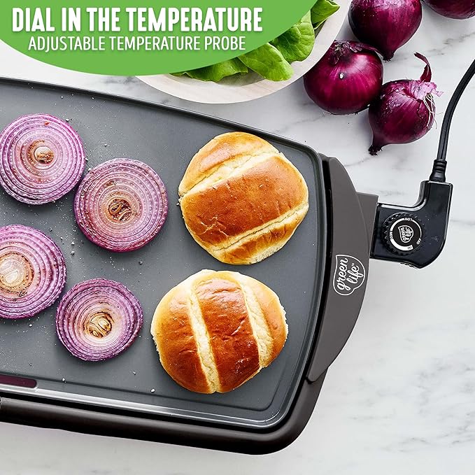 GreenLife 20” Extra Large Electric Griddle, Non-Toxic PFAS & PFOA-Free Ceramic Nonstick, Temperature Control, Quick Even Heating, Removable Drip Tray, Pancakes, Eggs, Sausage, Easy Clean, Black