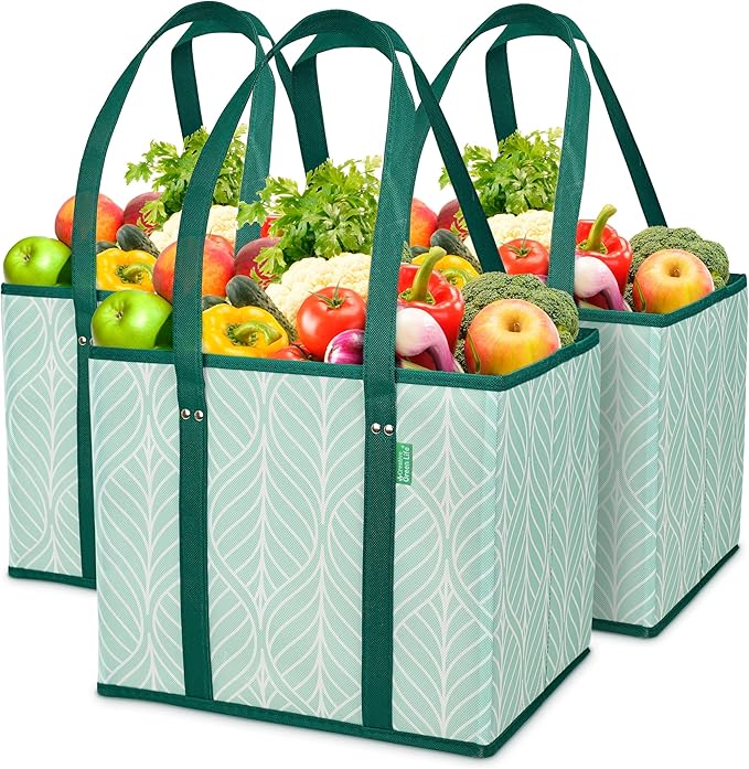 Reusable Grocery Bags (3 Pack) – Heavy Duty Reusable Shopping Bags for Groceries with Box Shape to Stand Up, Stay Open, Fold Flat – Large Tote-Bag is Foldable with Long Handles & Hard Bottom (Green)