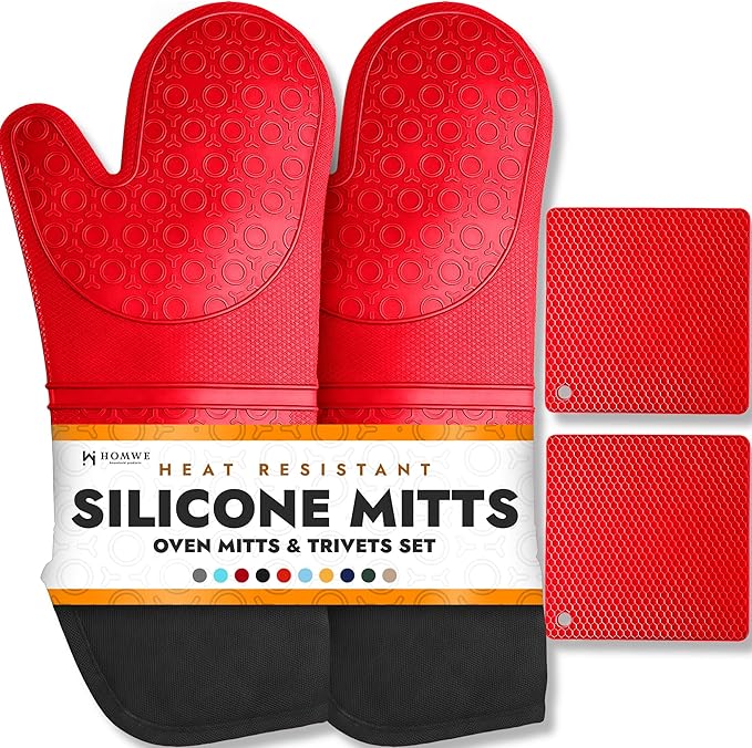 Homwe Silicone Oven Mitts and Potholders (4-Piece Sets) Heavy Duty Cooking Gloves, Kitchen Counter Safe Trivet Mats | Advanced Heat Resistant, Non-Slip Textured Grip Pot Holders(Red)