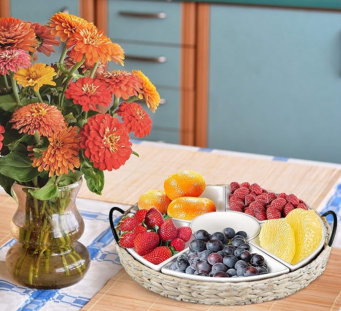 Ceramic Serving Trays, RANDEFURN Serving Platters with 6 Removable Dishes, Serving Tray for Parties, Food Tray 15.5 x 15.5 Inches, Perfect for or Chips,Whitewash