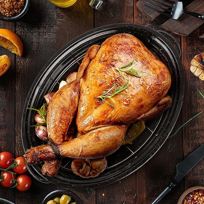 18” Roaster Pan with Lid and Rack, Large Enamel Roaster Pan with Oval Roasting Rack, Granite Baking Pot for Chicken Turkey Lamb, Heat Resistant, Oven/Dishwasher/All Stovestops Compatible
