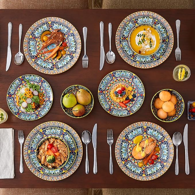 vancasso 12 Pieces Dinnerware Sets, Yellow Plates and Bowls Set, Porcelain Dishes Set for 4, Microwave and Dishwasher Safe, Scratch Resistant, Bohemian Style Dining Ware Service for 4, Series SIMI