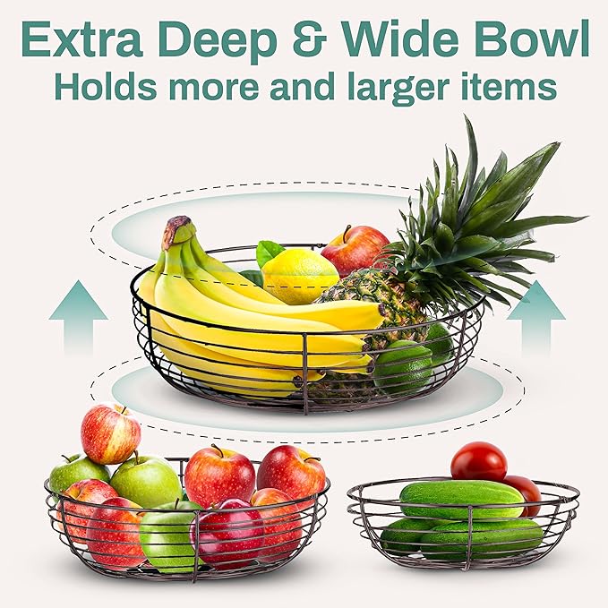 Home Intuition 3-Tier Hanging Fruit Produce Basket Heavy Duty Wire with 2 Metal Ceiling Hooks, Round, Bronze