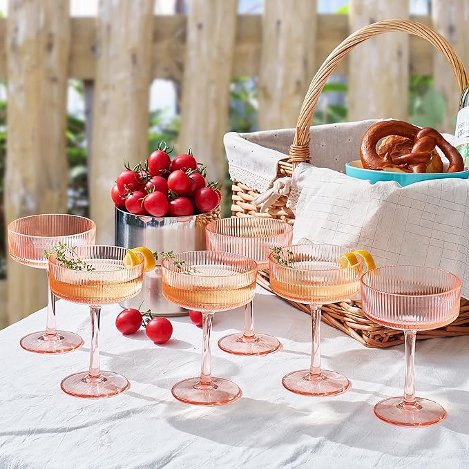 Khen Shatterproof Acrylic Ribbed Vintage Art Deco Martini, Champagne & Cocktail Pink Peach Tint Color Plastic Coupe Glasses | Set of 6 | 8oz Ripple Glassware Cocktail Indoor & Outdoor European Style