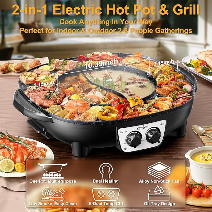 Stariver Hot Pot Electric with Grill 2 in 1, Indoor Korean BBQ & Shabu Shabu, Features Easy-clean Non-stick Coating, Dual Controls, 1800W Fast Heating, Perfect for Family Gatherings or Friends Parties