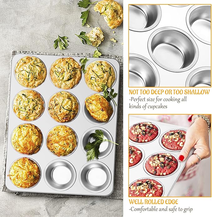 E-far Muffin Pan 12-Cup, Set of 2, Stainless Steel Cupcake Pan Metal Muffin Baking Tins for Oven, Regular Size & Easy Clean, Non-toxic & Dishwasher Safe