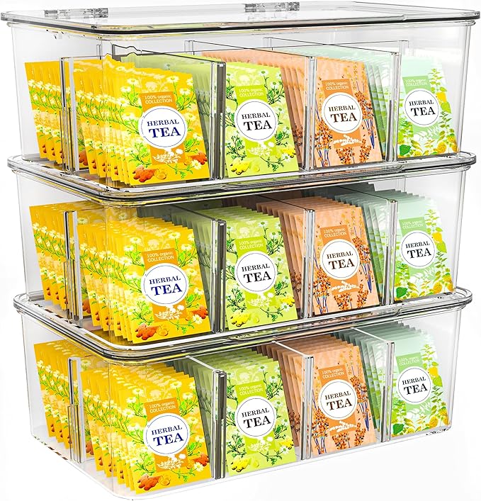 Utopia Home - Tea Bag Organizer With Lids, Clear Pantry Storage Box - (3 Pack) Stackable Partition Organizers or Holder With Lids For Drawers, Countertops, Fridge, Kitchen, Snack & Spice Organization