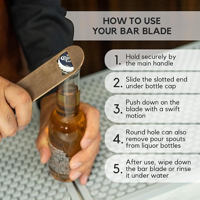 A Bar Above Bottle Opener, Bartender Tool, Flat Bar Blade Speed Opener, Heavy Stainless Steel Beer Cap Lifter With Thumb Hole, Dishwasher Safe Rust Resistant, Bartender Accessories, Cooper, Pack of 3