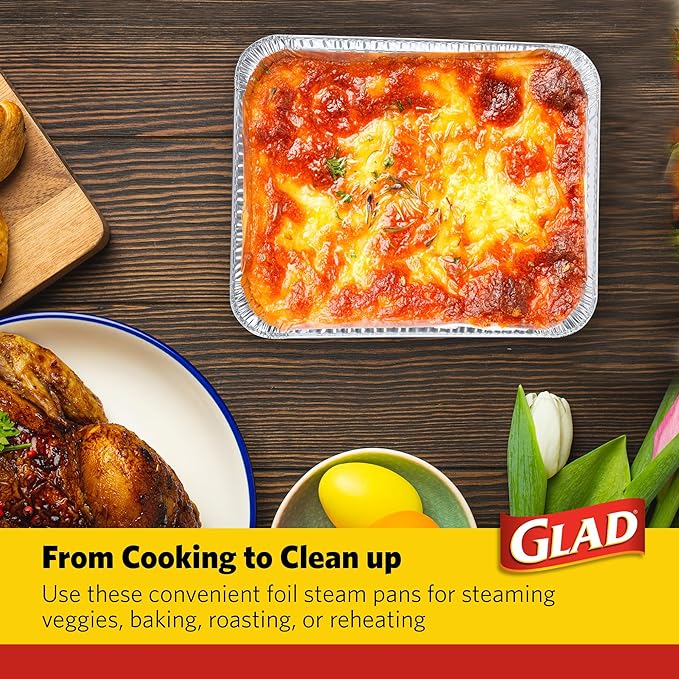 Glad Disposable Aluminum All Purpose Pans in Red, White & Blue Stars, 3ct with Lids - Printed Colorful Foil Steam Pans - 12.5” x 10.2” x 2.16” Aluminum Pan - Disposable Steamware