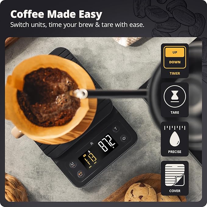 Greater Goods Coffee Scale with Timer – 0.1g Precision Digital Coffee & Espresso Scale for Pour-Over, Coffee Bean Weighing, Barista Brewing, Waterproof Cover, 3kg Capacity (Onyx Black)