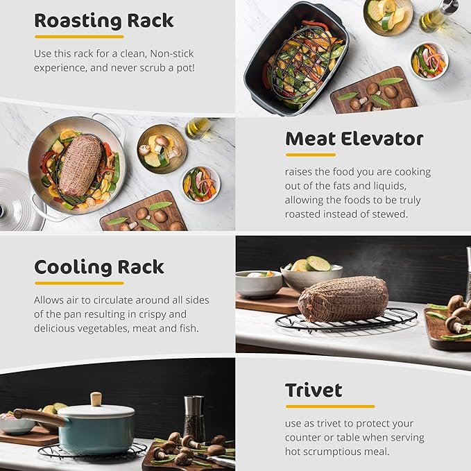 GOURMEX Black, Oval Oven Roasting Rack with Integrated Feet | Ideal for Cooking, Baking, Roasting, Cooling and Grilling | Non-Stick Coating, PTFE Free | Oven and Dishwasher Safe Rack (6 x 9")