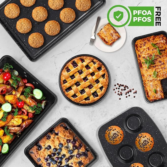 NutriChef 8-Piece Stackable Bakeware Set - Carbon Steel Non-Stick Baking Pan Set, Sheet, Muffin, Round, Loaf, Square Cake & Deep Pans, 450°F Heat Resistant, Standard & Convection Ovens (Black Marble)