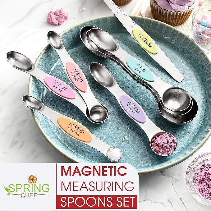 Spring Chef Stainless Steel Magnetic Measuring Spoons Set of 8 with Leveler, Metal Teaspoon & Tablespoon Measuring Spoons for Dry and Liquid Ingredients, Kitchen Gadgets for Baking & Cooking - Pastel