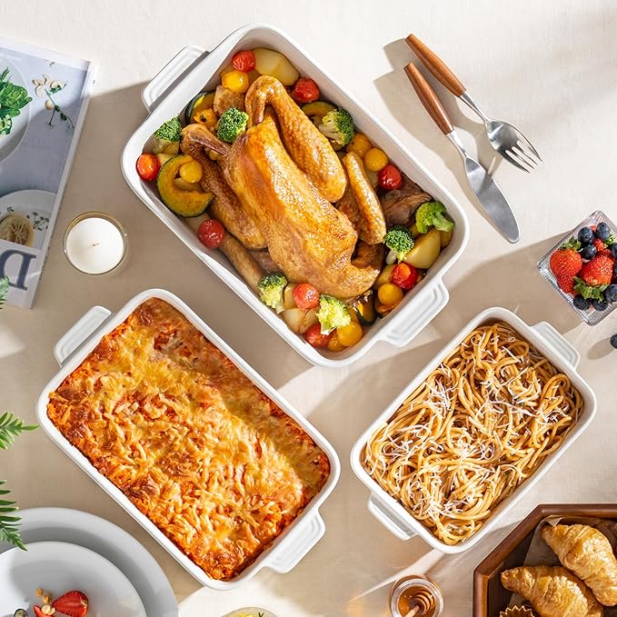 MALACASA Casserole Dishes for Oven, Ceramic Baking Dishes Set of 3, Baking Pan Casserole Dish Set, Rectangular Lasagna Pan Deep with Handles for Baking, Khaki White (14.5''/13''/10.5''), Series TARA