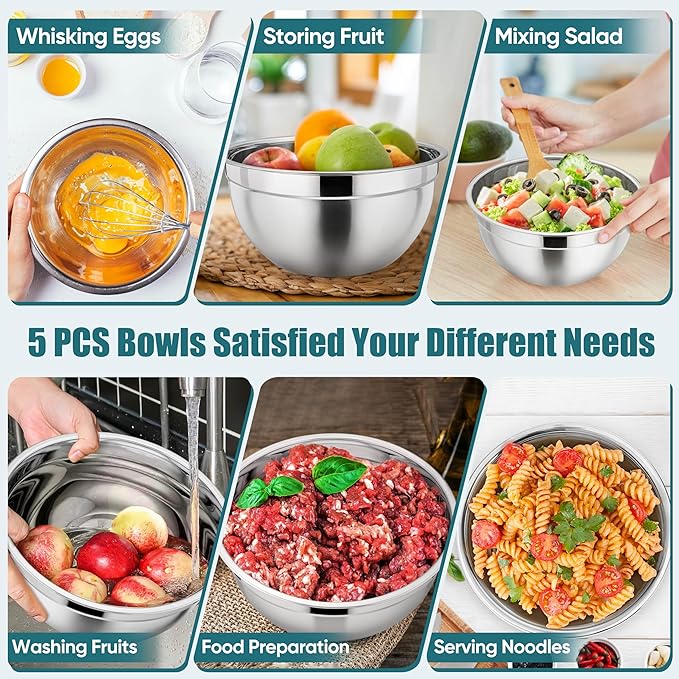 P&P CHEF Mixing Bowls with Airtight Lids Set of 5, 10-Piece Stainless Steel Mixing Nesting Bowl, Metal Bowl with Lid for Kitchen Prepping & Storing, Size 4.6, 3, 1.5, 1, 0.7 QT, Blue