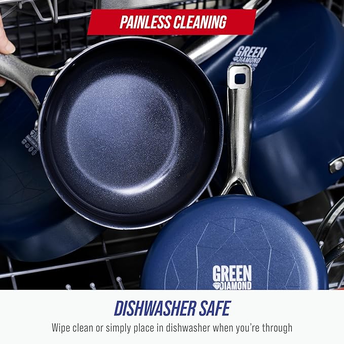 Blue Diamond 10 Piece Nonstick Cookware Set, Diamond Ceramic Pots & Pans, Dishwasher & Metal Utensil Safe, Non Toxic PFAS-Free, Kitchen Cooking Sauce & Saute Pans, Oven & Broiler to 600F, Blue