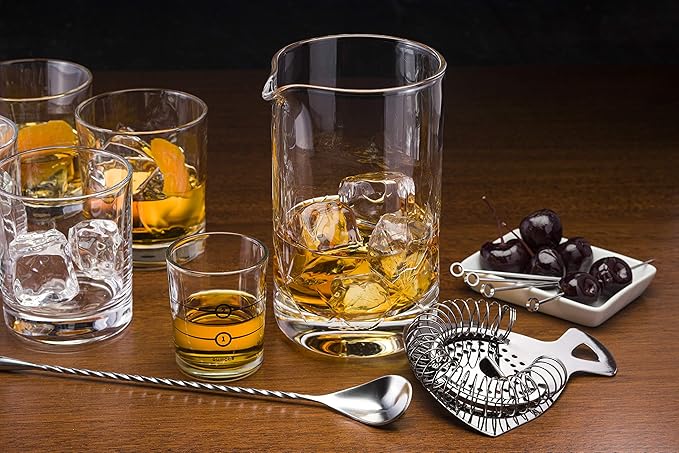 Cork & Mill Cocktail Mixing Glass, Old Fashioned Kit, Large 24 oz Crystal Cocktail Mixer for Bartenders, 9-Piece Home Bar Accessories Set for Manhattans and Other Whiskey Drinks