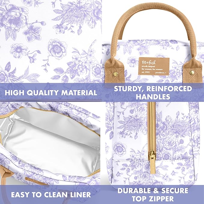 Fit & Fresh Bloomington Lunch Bag for Women - Insulated Large Lunch Box for Work with Containers, Leak-Resistant, Stain-Resistant, Zipper Closure, Lavender Toile
