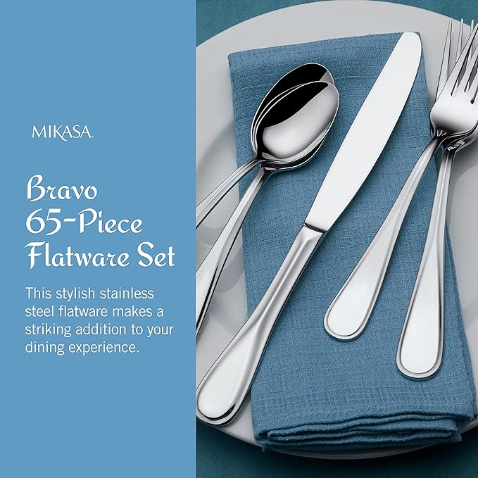 Mikasa Bravo 65-Piece Flatware Set for 12, 18/10 Stainless Steel Silverware with Full Service, Includes Forks, Knives, Spoons, and Serving Utensils