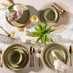 AmorArc Ceramic Dinnerware Sets for 4, 12 Pieces Handpainted Plates and Bowls Set with Rustic Terracotta Underside, Scratch Resistant Stoneware Dishes Set, Dishwasher & Microwave Safe, Olive Green
